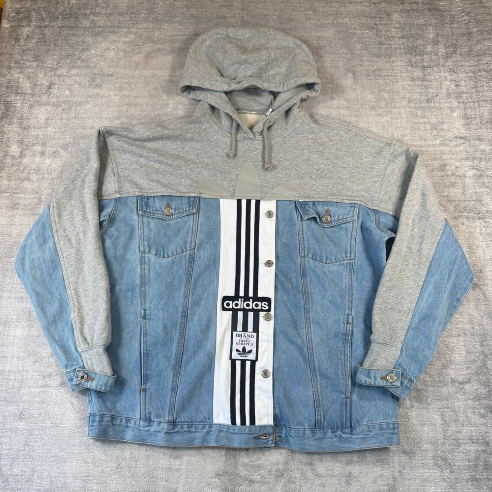 Adidas Denim Jacket Mens Large Blue Gray Hoodie Hybrid Mixed Media Streetwear